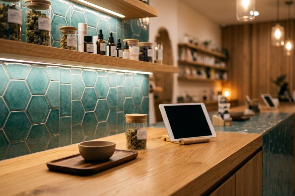 Wooden counter with a jar of cannabis flower, a tablet and shelves of jars and dropper bottles
