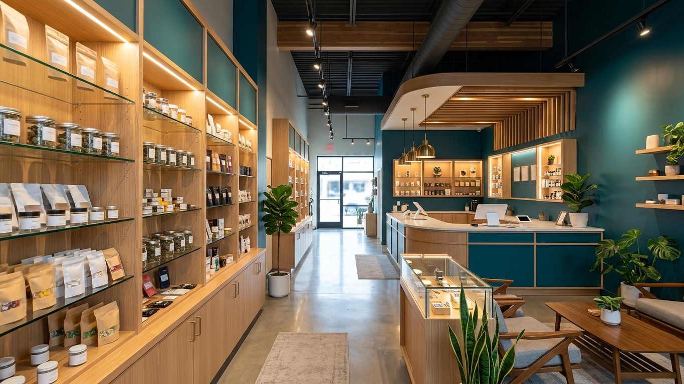 Dispensary interior with wooden product shelving, a service counter and a seating area